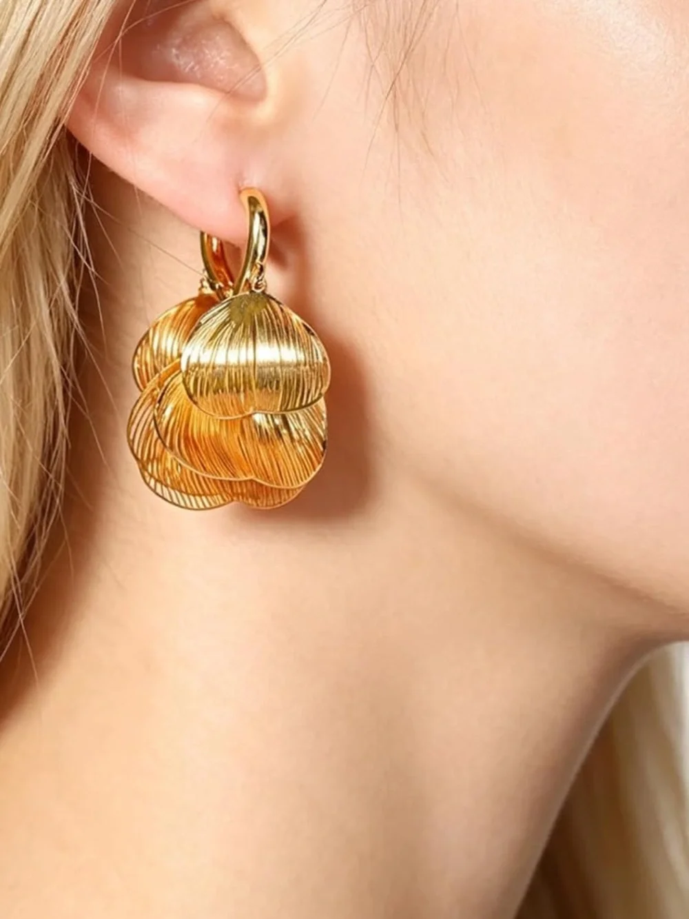 Anthropologie Gold Petal Drop Hoop Earrings - Shiny Gold